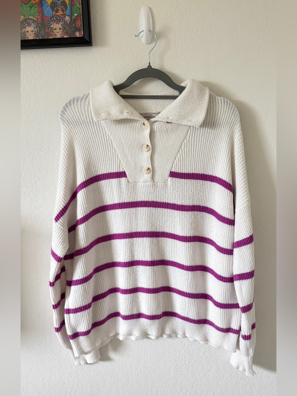 SINCERELY JULES CREAM BERRY STRIPED COLLARED POLO SWEATER M BRETON COASTAL PREP